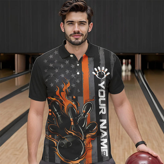Orange Line American Flag Custom Patriotic Flame Bowling Polo Shirts For Men, US Bowling Shirt IPHW8635