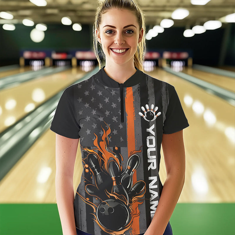 Orange Line American Flag Custom Patriotic US Flame Bowling Womens Quarter-Zip Shirts IPHW8635