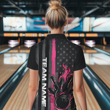 Load image into Gallery viewer, Pink Line American Flag Custom Patriotic Flame Womens Bowling Polo Shirt, US Bowling Shirt IPHW8637