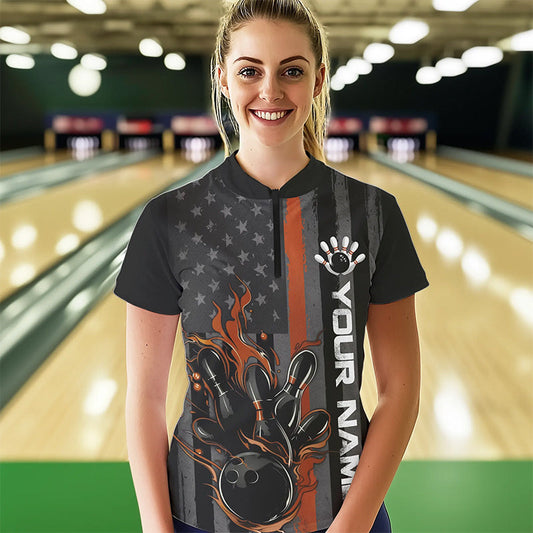 Brown Line American Flag Custom Patriotic Flame Womens Bowling Polo Shirt, US Bowling Shirt IPHW8638