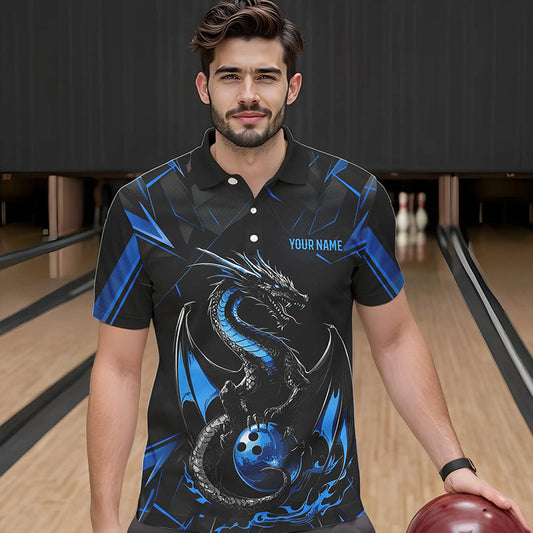 Custom Black And Blue Dragon Bowling Polo Shirts For Men, Dragon Bowling Team Uniform IPHW8639