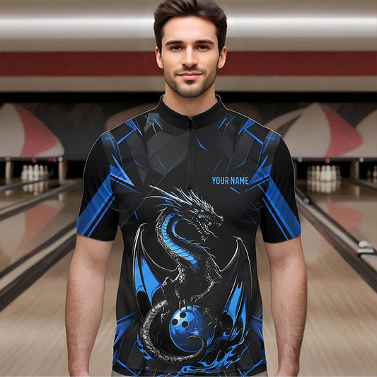 Custom Black And Blue Dragon Bowling Quarter-Zip Shirts For Men, Dragon Bowling Team Uniform IPHW8639
