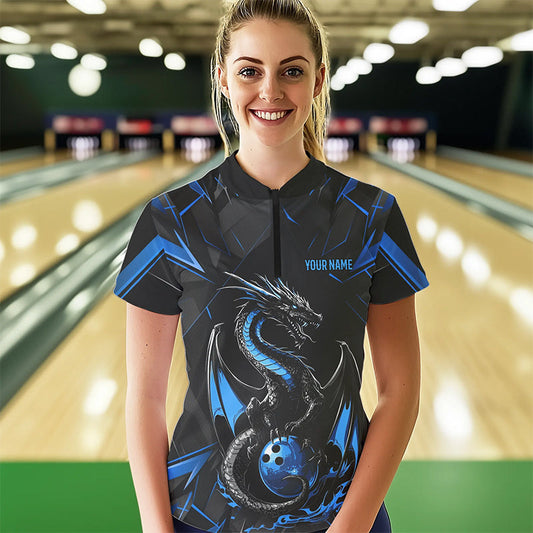 Custom Black And Blue Dragon Bowling Womens Quarter-Zip Shirts, Dragon Bowling Uniform IPHW8639