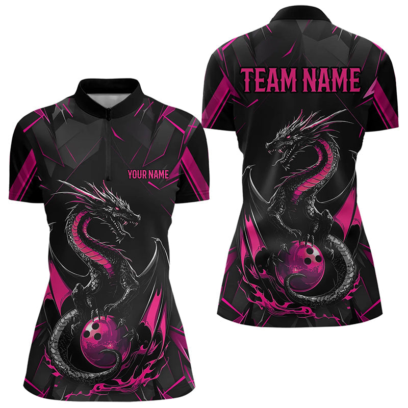 Custom Black And Pink Dragon Bowling Womens Quarter-Zip Shirts, Dragon Bowling Uniform IPHW8640