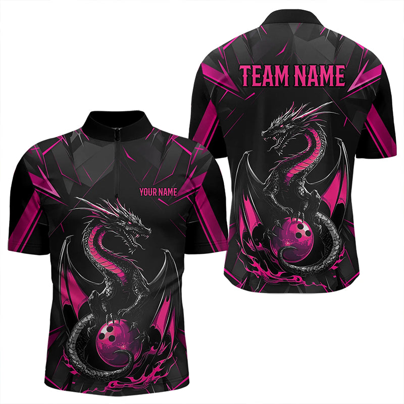 Custom Black And Pink Dragon Bowling Quarter-Zip Shirts For Men, Dragon Bowling Team Uniform IPHW8640