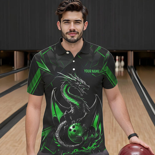 Custom Black And Irish Green Dragon Bowling Polo Shirts For Men, Bowling Team Uniform IPHW8641