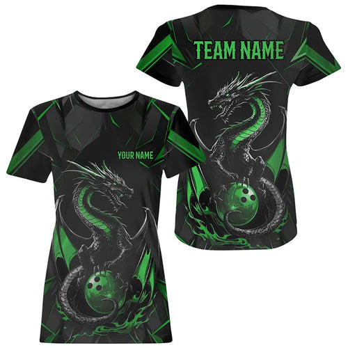 Custom Black And Irish Green Dragon Bowling T-Shirts For Women, Bowling Team Uniform IPHW8641