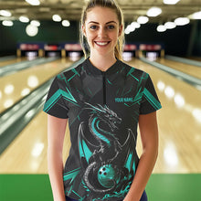 Load image into Gallery viewer, Custom Black And Turquoise Blue Dragon Bowling Womens Quarter-Zip Shirts, Bowling Uniform IPHW8642