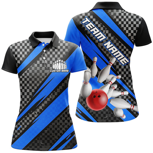 Splatter Pins Custom Bowling Team Shirts For Women, Bowling Tournament Shirt | Blue IPHW6472