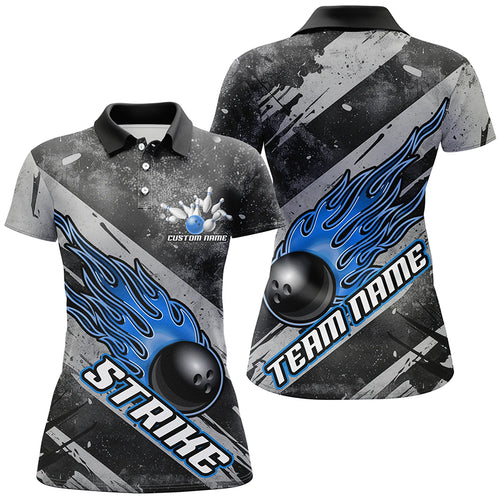 Black And Blue Flame Bowling Ball Custom Team Shirts For Women, Tournament Team Jerseys IPHW6479