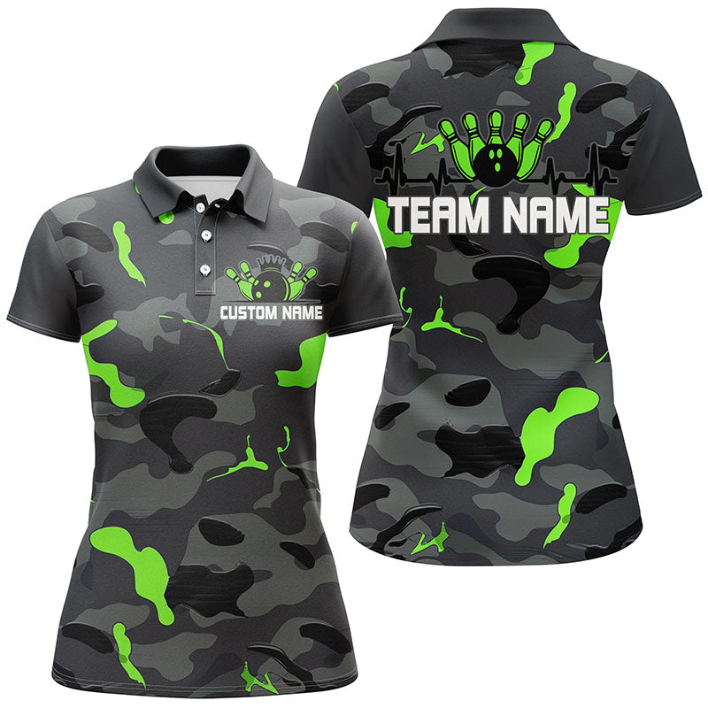 Green Camo Bowling Pulse Heartbeat Custom Team Shirts For Women, Camouflage Bowler Outfit IPHW6487