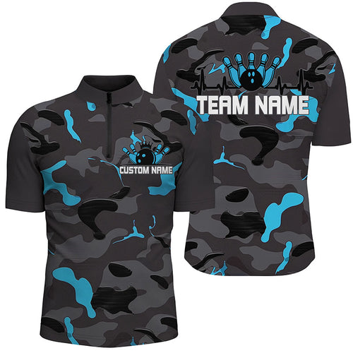 Blue Camo Bowling Pulse Heartbeat Custom Team Shirts For Men And Women, Camouflage Bowler Outfit IPHW6488