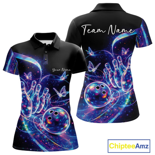 Front and back mockup of a women's black bowling polo with a starry galaxy background, neon swirls, and hologram butterfly artwork