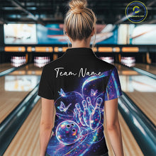 Load image into Gallery viewer, Back view of a female model wearing a black bowling quarter zip with starry galaxy graphics, glowing neon swirls, and hologram butterflies