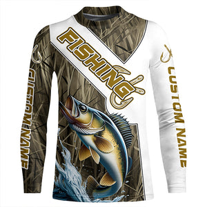 Walleye Fishing Fish Hook Custom Long Sleeve Shirts, Walleye Jerseys Fishing Gifts | Grass Camo IPHW6660