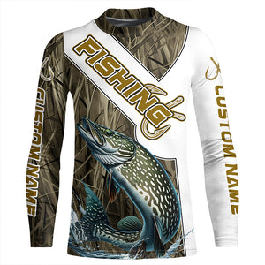 Pike Fishing Fish Hook Custom Long Sleeve Shirts, Pike Jerseys Fishing Gifts | Grass Camo IPHW6662