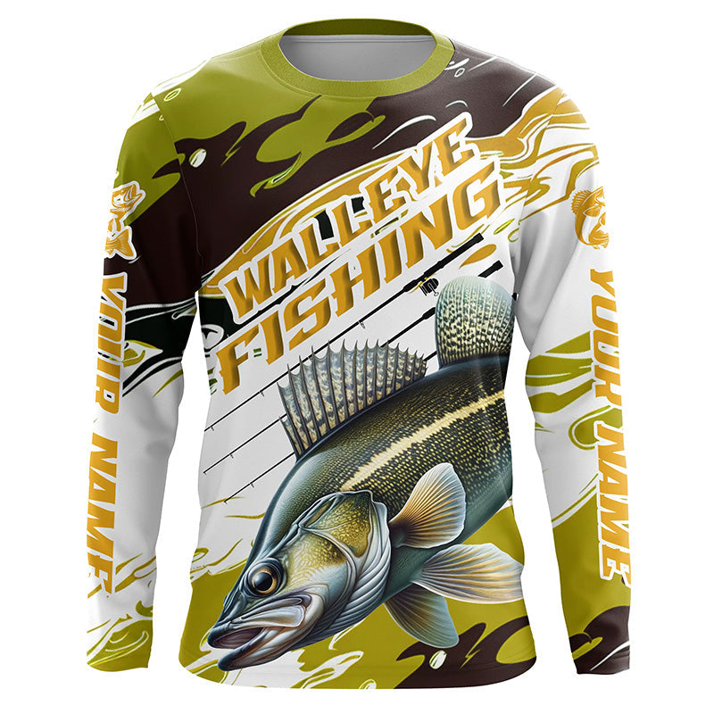 Custom Walleye Fishing Tournament Jerseys, Walleye Long Sleeve Camo Fishing Shirts | Yellow IPHW6821