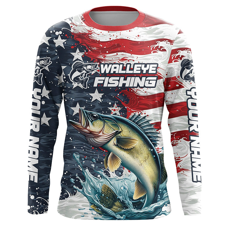 Custom Walleye Fishing American Flag Long Sleeve Fishing Shirts, Patriotic Walleye Fishing Shirts IPHW6823