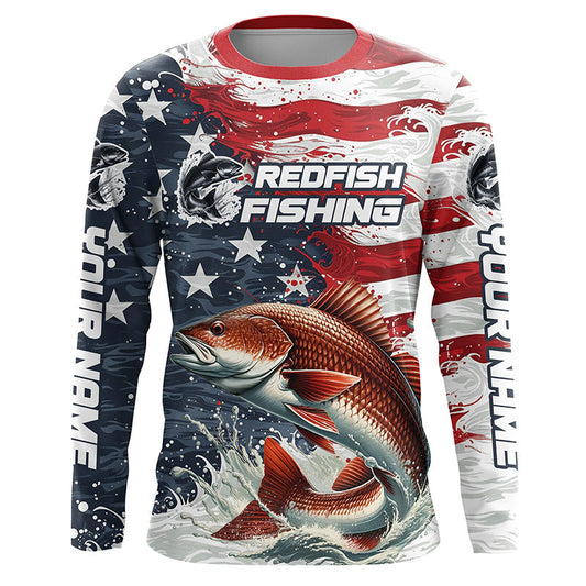 Custom Redfish Fishing American Flag Long Sleeve Fishing Shirts, Patriotic Redfish Fishing Shirts IPHW6824