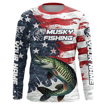 Load image into Gallery viewer, Custom Musky Fishing American Flag Long Sleeve Fishing Shirts, Patriotic Musky Fishing Shirts IPHW6825