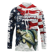 Load image into Gallery viewer, Custom Crappie Fishing American Flag Long Sleeve Fishing Shirts, Patriotic Crappie Fishing Shirts IPHW6827