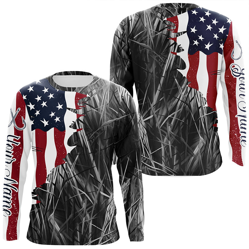 Custom Patriotic Camouflage Long Sleeve Fishing Shirts, Personalized Fishing Jerseys | Gray Camo IPHW6998