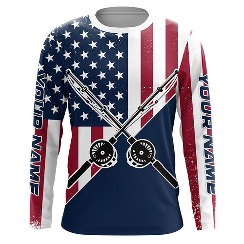 Personalized American Flag Fishing Rods Long Sleeve Fishing Shirts, Patriotic Fishing Shirts IPHW7201