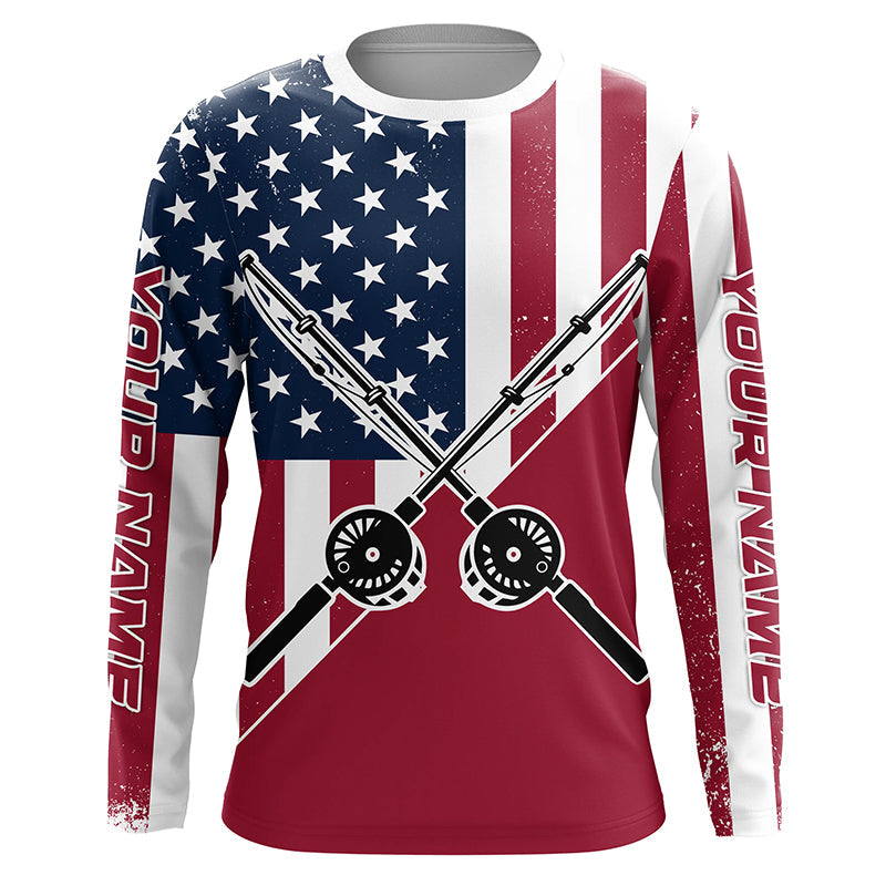 Personalized American Flag Fishing Rods Long Sleeve Fishing Shirts, Patriotic Fishing Shirts IPHW7202