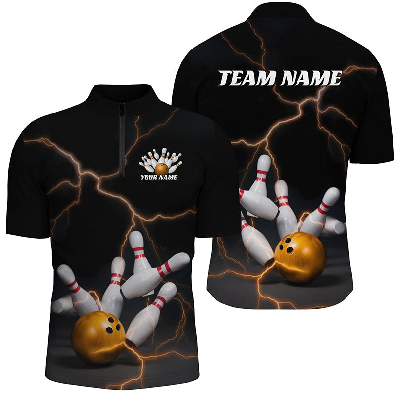 Black And Gold Thunder Lightning Custom Bowling Shirts For Men, Bowling Team Shirt Outfit IPHW7537