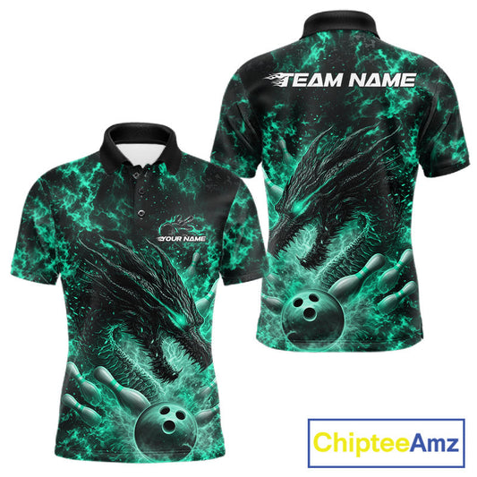 Custom Black And Green Flame Dragon Bowling Men Polo Shirt, Dragon Bowling League Shirt IPHW10280