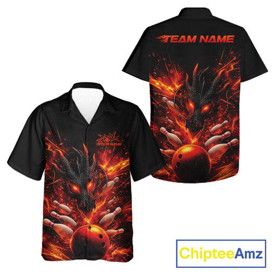 Custom Red Fire Flame Dragon Bowling Jerseys. Dragon Bowling Men And Women Hawaiian Shirt IPHW10281
