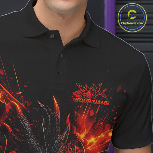 Custom Red Fire Flame Dragon Bowling Jerseys. Dragon Bowling Men Polo Shirt IPHW10281