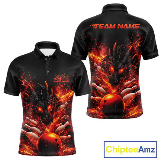 Custom Red Fire Flame Dragon Bowling Jerseys. Dragon Bowling Men Polo Shirt IPHW10281