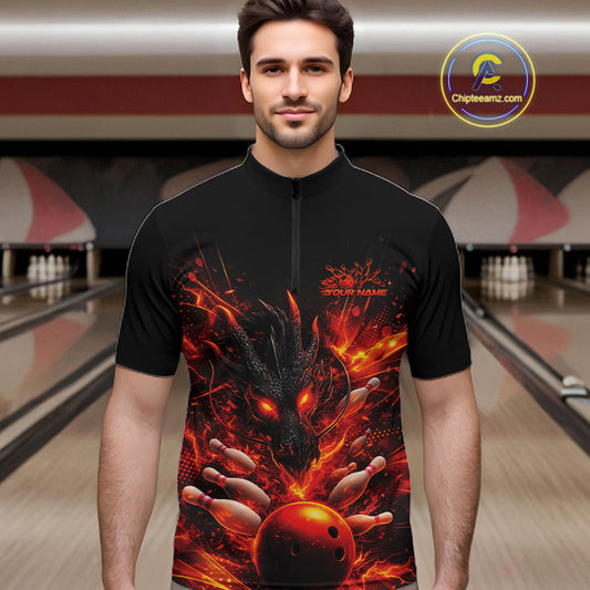 Custom Red Fire Flame Dragon Bowling Jerseys. Dragon Bowling Men Quarter-Zip Shirt IPHW10281