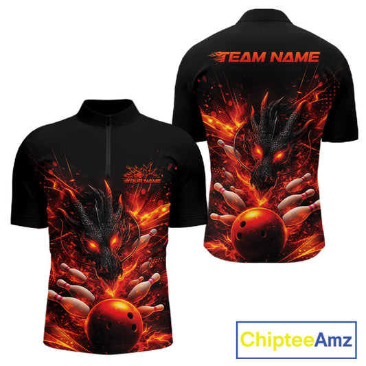 Custom Red Fire Flame Dragon Bowling Jerseys. Dragon Bowling Men Quarter-Zip Shirt IPHW10281