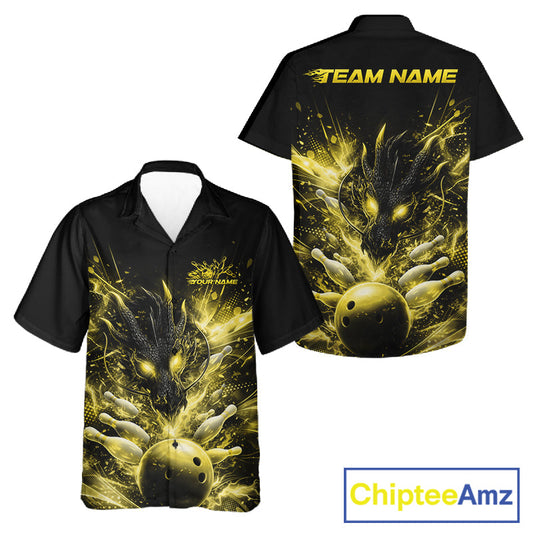 Custom Yellow Fire Flame Dragon Bowling Jerseys. Dragon Bowling Men And Women Hawaiian Shirt IPHW10283