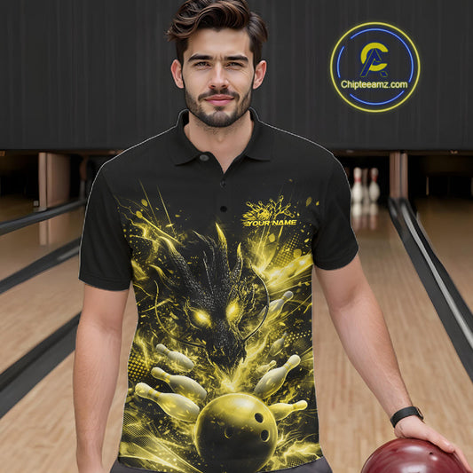Custom Yellow Fire Flame Dragon Bowling Jerseys. Dragon Bowling Men Polo Shirt IPHW10283