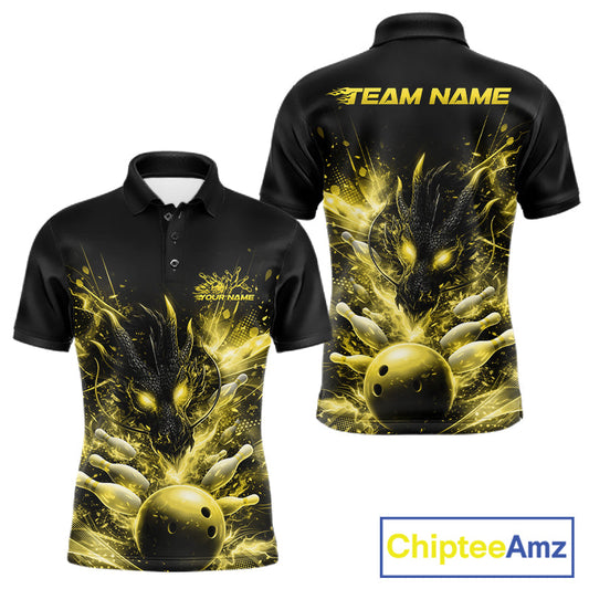 Custom Yellow Fire Flame Dragon Bowling Jerseys. Dragon Bowling Men Polo Shirt IPHW10283