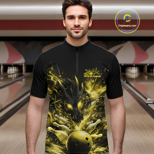 Custom Yellow Fire Flame Dragon Bowling Jerseys. Dragon Bowling Men Quarter-Zip Shirt IPHW10283