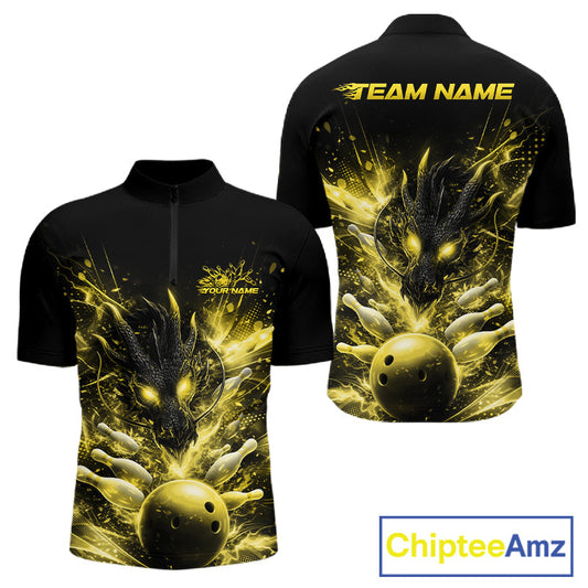 Custom Yellow Fire Flame Dragon Bowling Jerseys. Dragon Bowling Men Quarter-Zip Shirt IPHW10283
