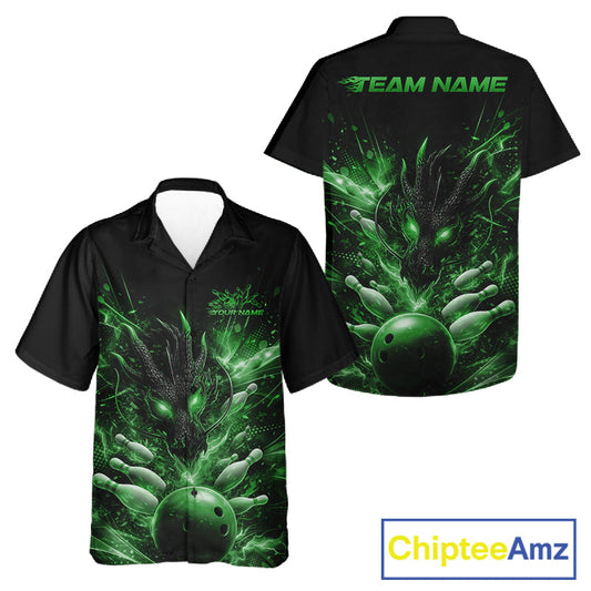 Custom Green Fire Flame Dragon Bowling Jerseys. Dragon Bowling Men And Women Hawaiian Shirt IPHW10284