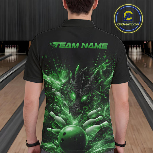 Custom Green Fire Flame Dragon Bowling Jerseys. Dragon Bowling Men Polo Shirt IPHW10284