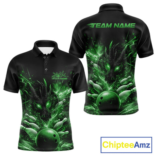 Custom Green Fire Flame Dragon Bowling Jerseys. Dragon Bowling Men Polo Shirt IPHW10284