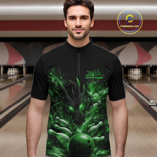 Custom Green Fire Flame Dragon Bowling Jerseys. Dragon Bowling Men Quarter-Zip Shirt IPHW10284