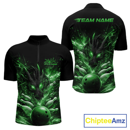 Custom Green Fire Flame Dragon Bowling Jerseys. Dragon Bowling Men Quarter-Zip Shirt IPHW10284