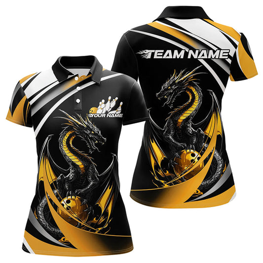 Custom Black And Gold Dragon Bowling Jerseys, Dragon Bowling Team Polo Shirts For Women IPHW8651