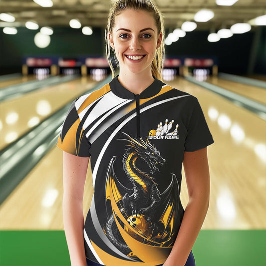 Custom Black And Gold Dragon Bowling Jerseys, Dragon Bowling Team Womens Quarter-Zip Shirts IPHW8651