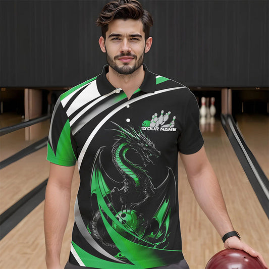 Custom Black And Green Dragon Bowling Jerseys, Dragon Bowling Team Polo Shirts For Men IPHW8652