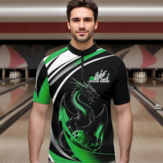 Custom Black And Green Dragon Bowling Jerseys, Dragon Bowling Team Quarter-Zip Shirts For Men IPHW8652