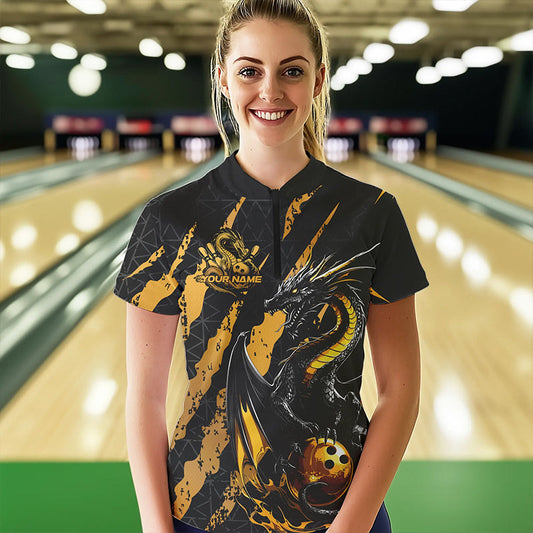 Custom Black And Gold Dragon Bowling Team Womens Quarter-Zip Shirts, Dragon Bowling Jerseys IPHW8923